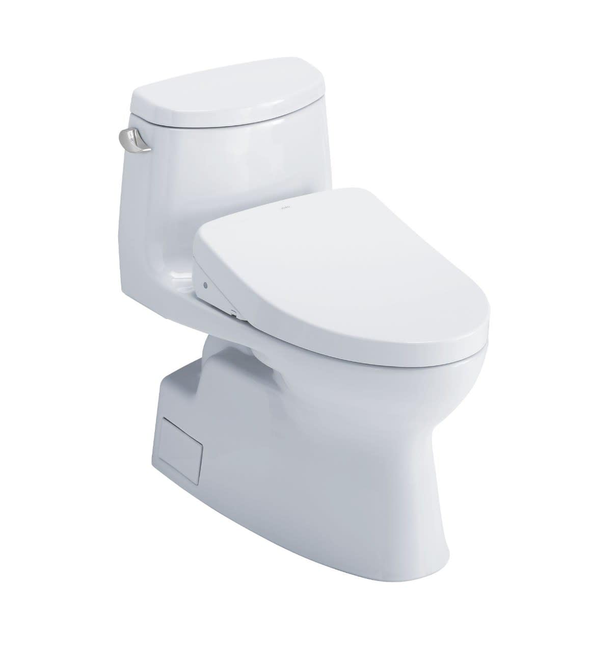 White one-piece elongated toilet with integrated bidet seat and dual control panel on side.