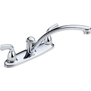 Chrome two-handle kitchen faucet with curved spout and lever handles on white base.
