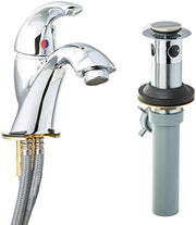 Chrome single-handle bathroom faucet with curved spout and pop-up drain assembly included.