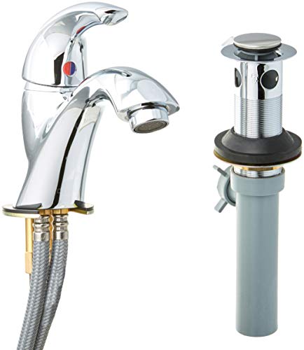 Chrome single-handle bathroom faucet with curved spout and pop-up drain assembly included.