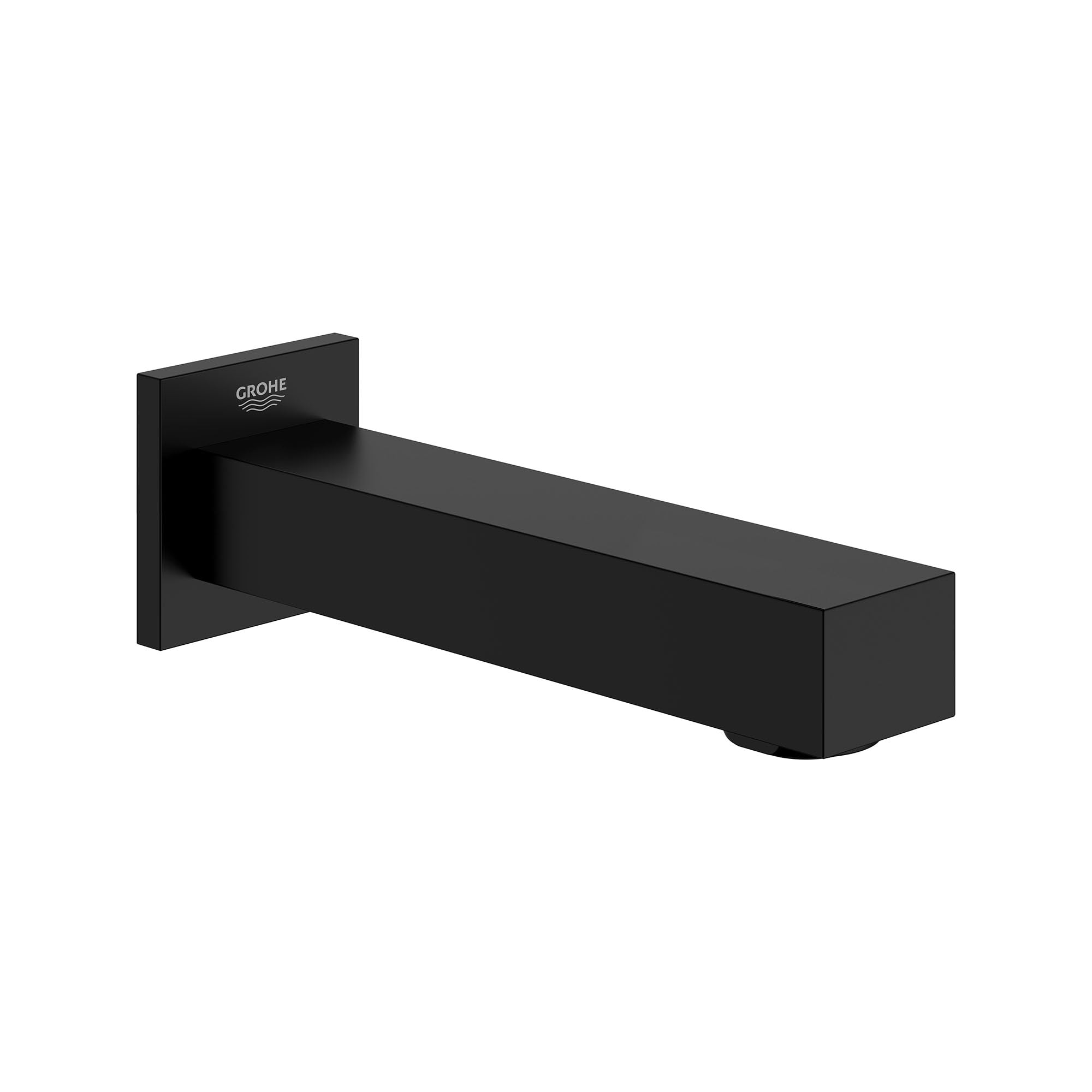 Matte black rectangular tub spout with square wall-mounted bracket and Grohe logo.