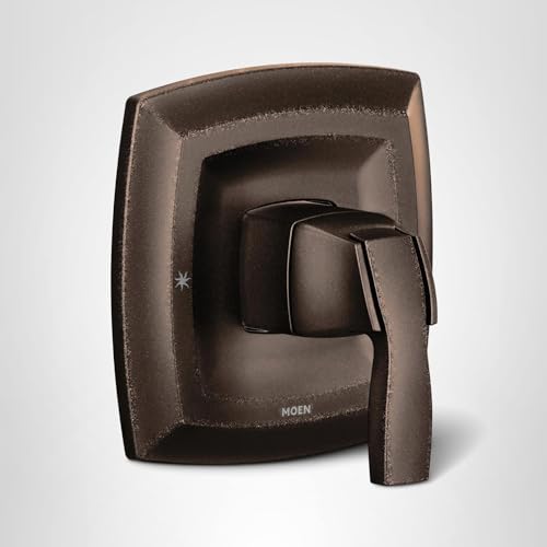 Oil rubbed bronze single-handle valve trim with curved square escutcheon plate and lever handle.