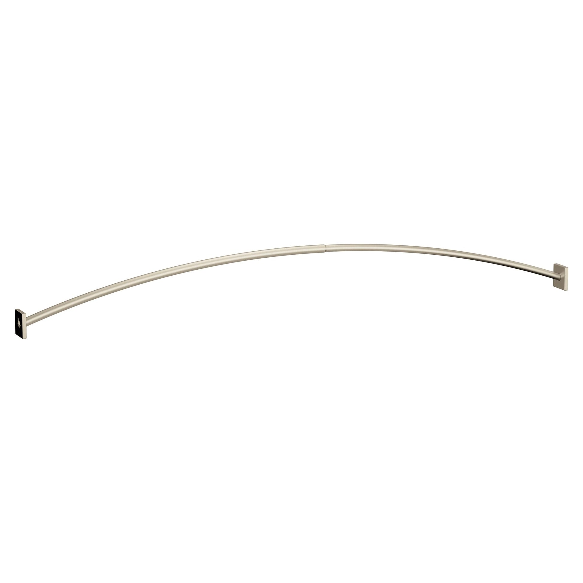 Brushed nickel curved shower curtain rod with square mounting brackets at each end.