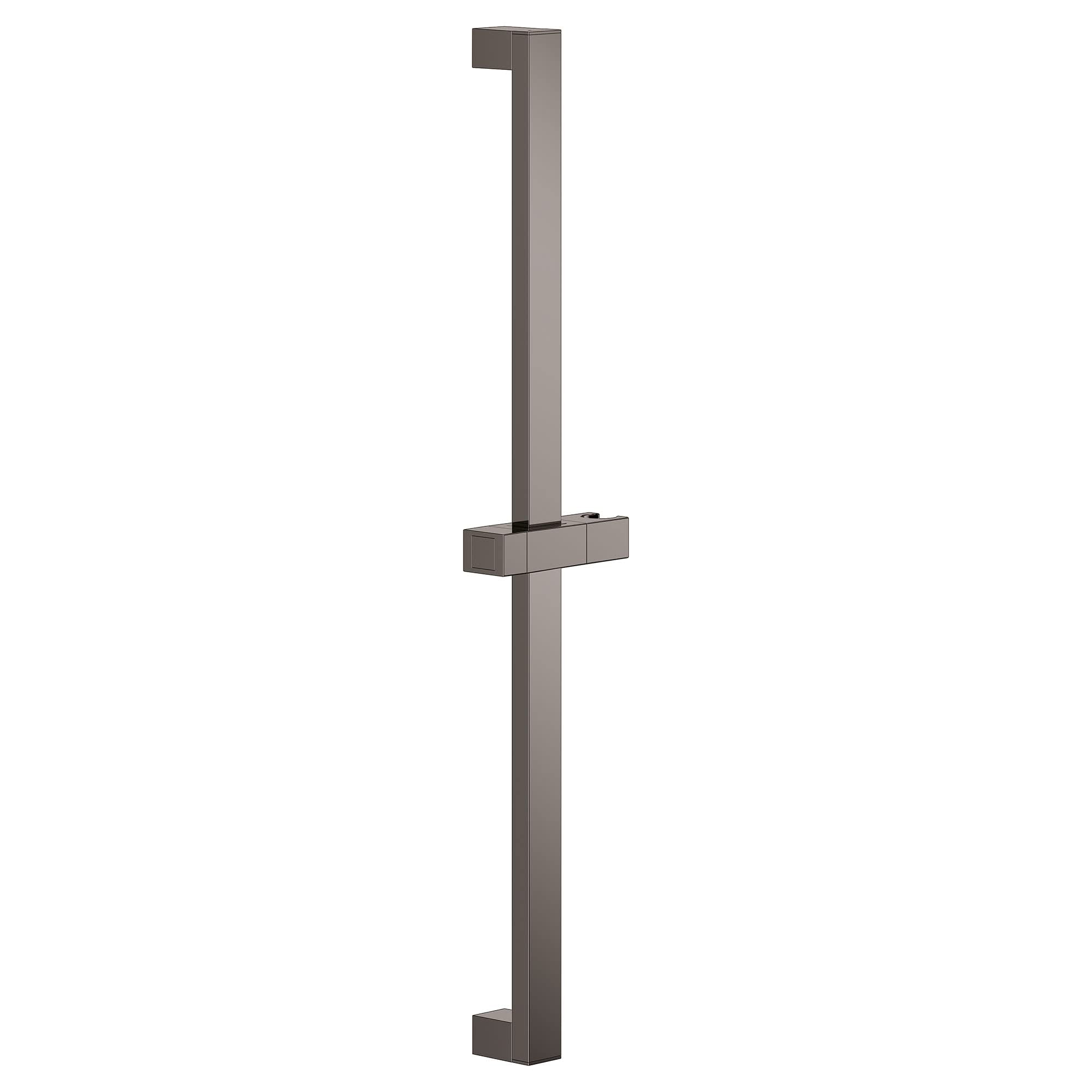 Vertical dark gray shower slide bar with horizontal mounting bracket for handheld showerhead attachment.