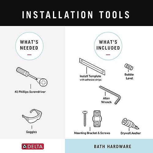 Matte black Delta tetra tissue holder with installation tools diagram showing Phillips screwdriver, goggles, template, level,