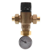 Brass 3-way mixing valve with black control knob and attached temperature gauge showing Fahrenheit scale.