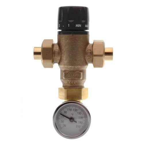 Brass 3-way mixing valve with black control knob and attached temperature gauge showing Fahrenheit scale.