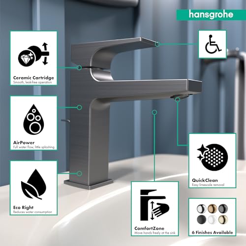 Brushed black chrome single-hole bathroom faucet with lever handle and curved spout over white sink basin.