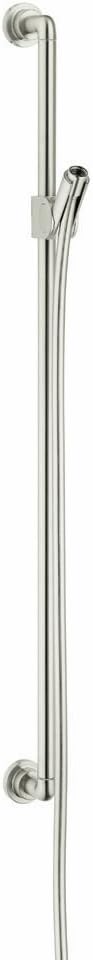 Brushed nickel vertical wallbar with cylindrical slide holder and round mounting flanges, no handshower included.