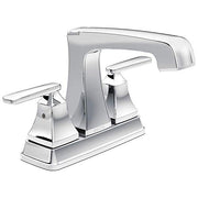 Chrome two-handle centerset bathroom faucet with curved spout and rectangular handles on white base.