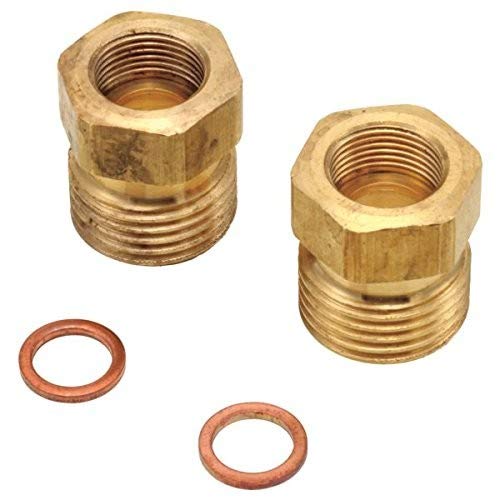Two brass threaded adapters with grooved bands and two copper gasket rings.