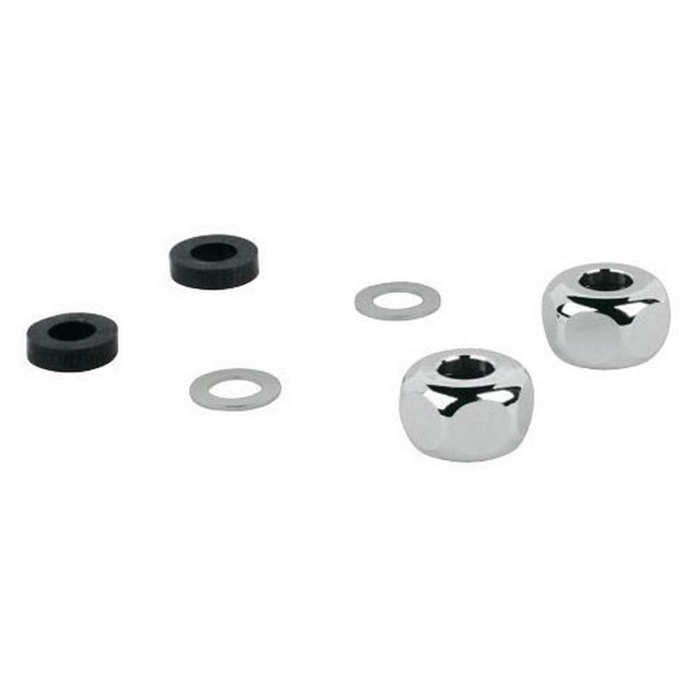 Chrome compression union with black rubber washers and metal spacer rings for 3/8" plumbing connections.