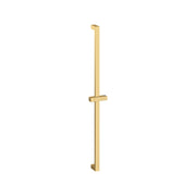 Vertical brushed gold shower slide bar with square profile and adjustable hand shower holder.
