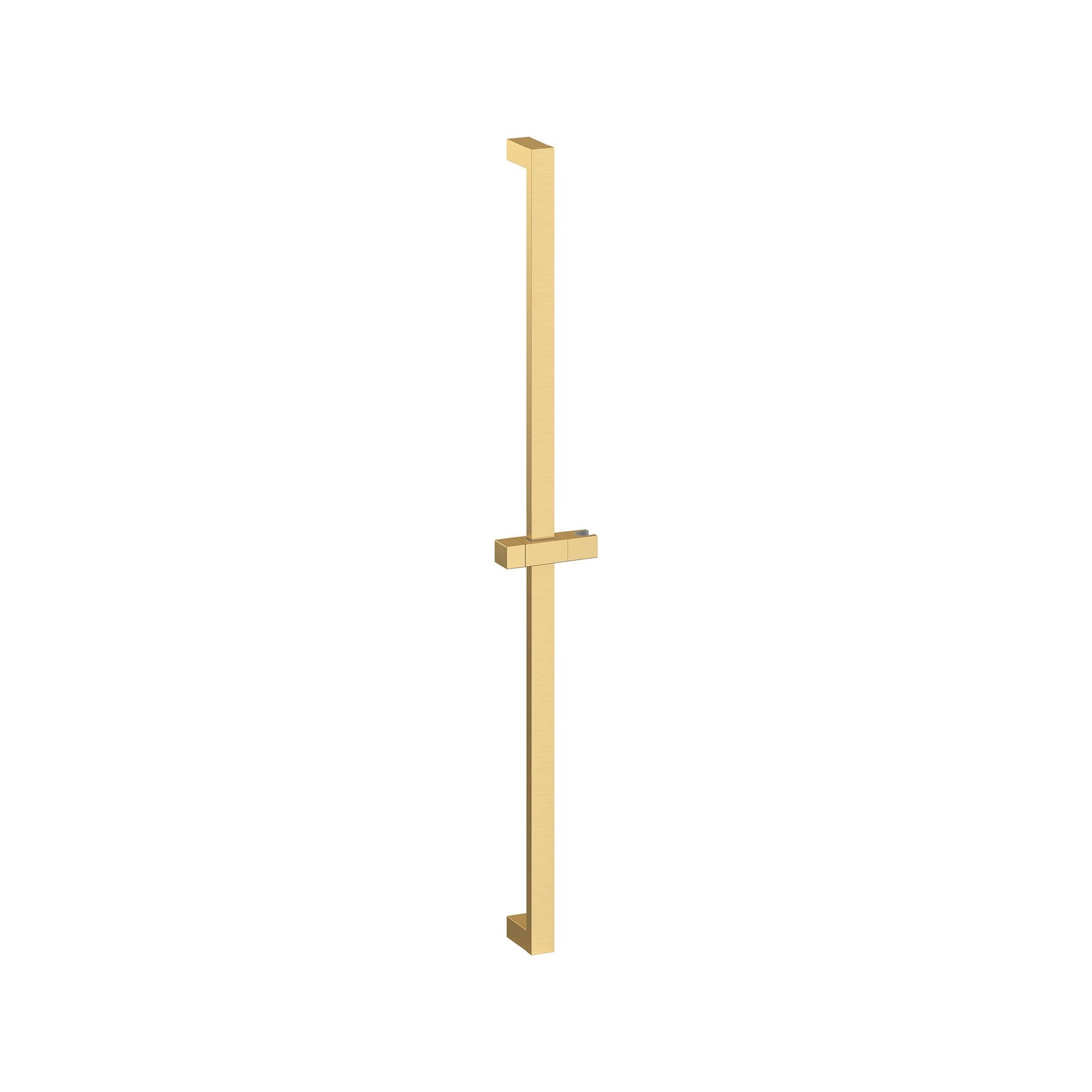 Vertical brushed gold shower slide bar with square profile and adjustable hand shower holder.