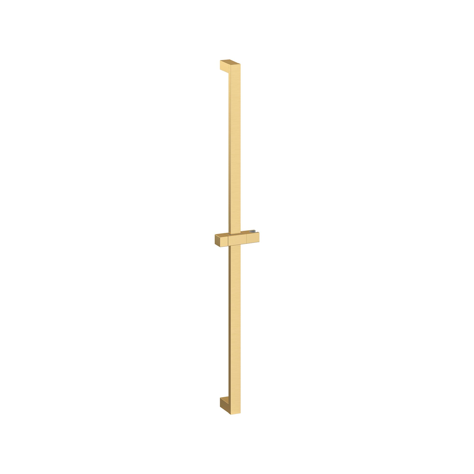 Vertical brushed gold shower slide bar with square profile and adjustable hand shower holder.