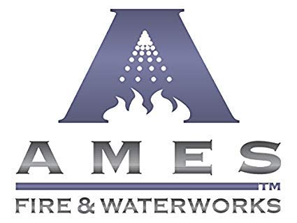 Ames Fire & Waterworks company logo featuring stylized "A" with water droplets and flame design.