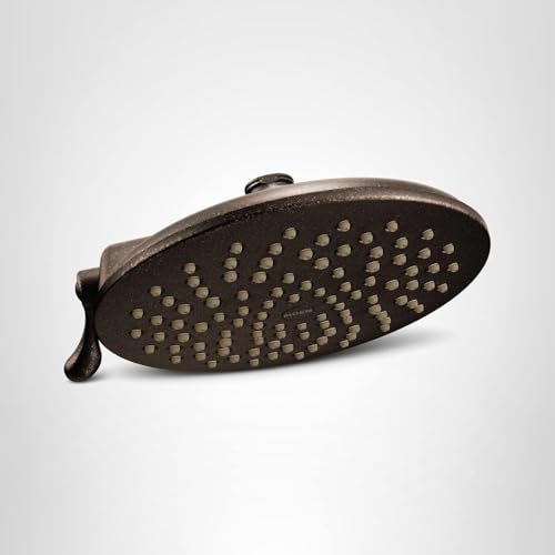 Oil rubbed bronze rain shower head with 8-inch oval face and multiple spray holes.