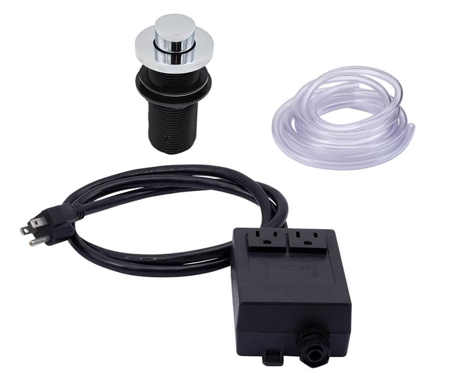 Polished chrome round air switch with black pneumatic tubing, power cord, and control box for waste disposer.