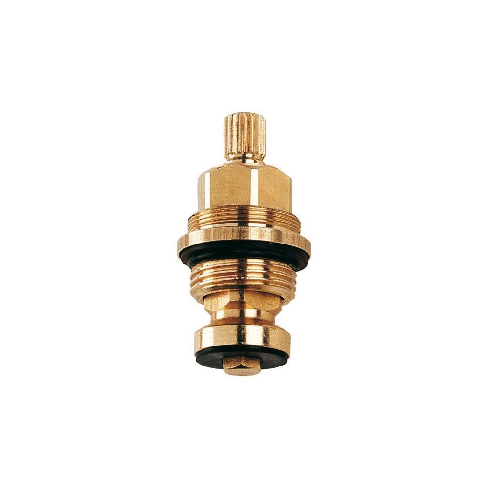 Brass cartridge with ridged knob top, threaded brass body, and black rubber seals for concealed valve installation.