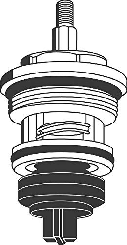 Chrome automatic diverter cartridge with threaded stem and stacked cylindrical chambers for valve operation.