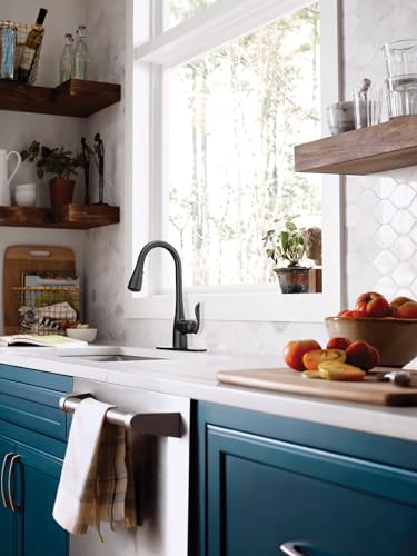 Matte black single-handle pulldown kitchen faucet with flexible spray head mounted above white sink in blue cabinetry.