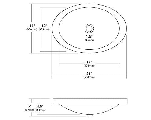 Hammered copper oval bathroom sink with 1.5" drain hole, 21" wide x 14" deep, self-rimming installation.