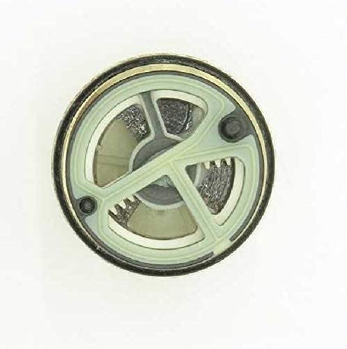Chrome-finish round valve body with internal flow control mechanisms and mounting holes visible from front.