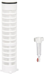 White cylindrical spin-down filter cartridge with stacked mesh screens and separate T-shaped connector with red valve.