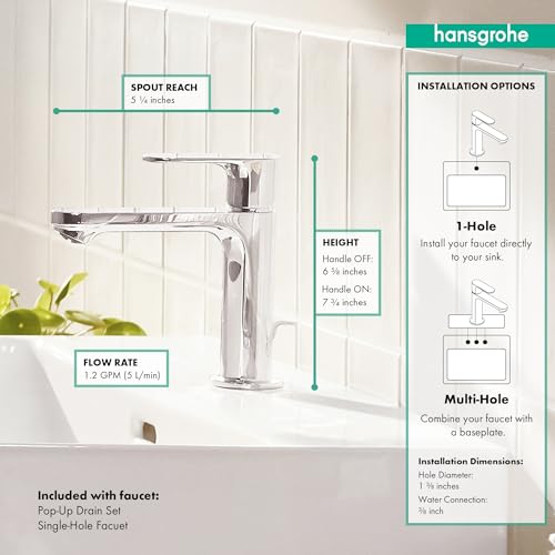 Chrome single-hole bathroom faucet with tall spout, pop-up drain, 1.2 GPM flow rate, and 5.5-inch spout reach.