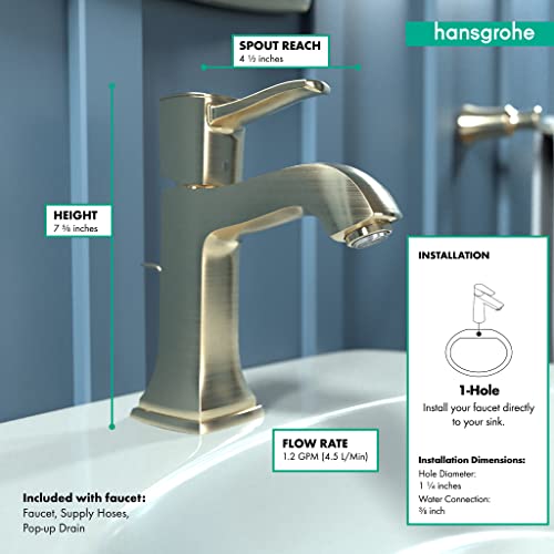 Brushed bronze single-hole bathroom faucet with tall spout, pop-up drain, and specification labels showing height, spout reac