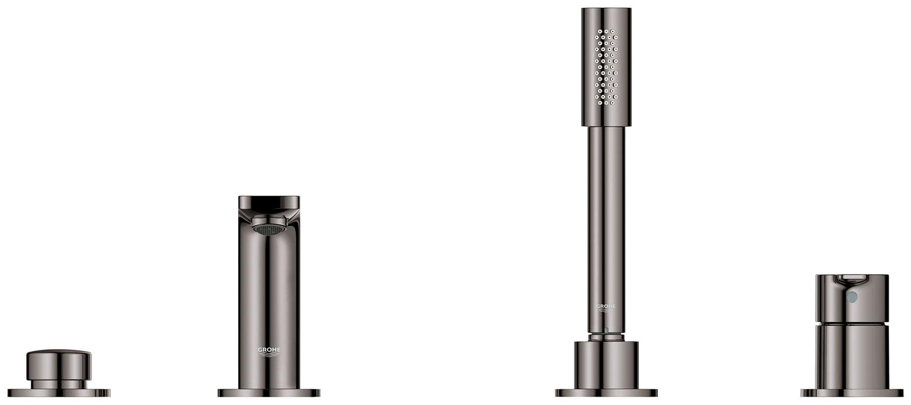 Chrome deck-mount roman tub faucet with single handle, spout, tall hand shower wand, and mounting components.