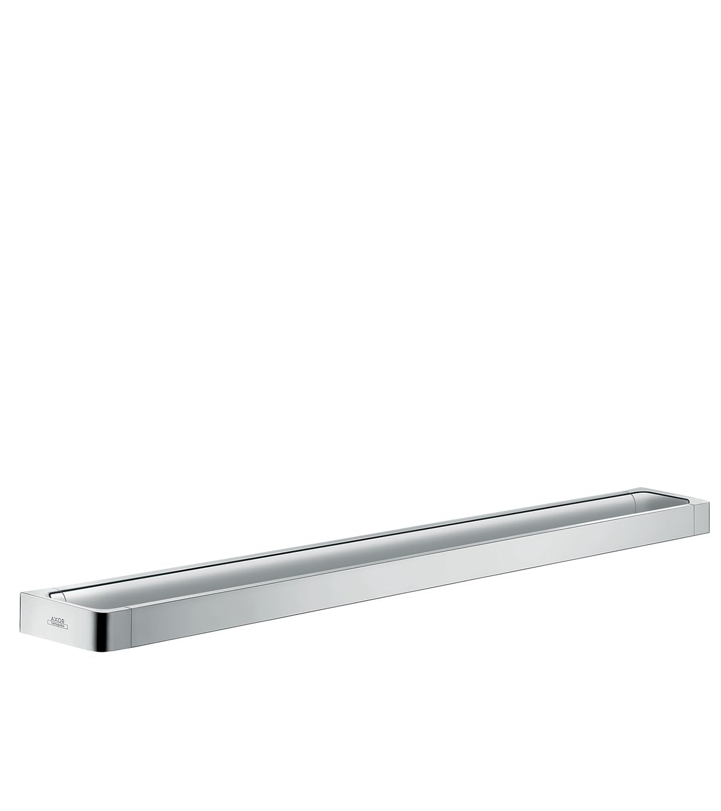 Chrome towel bar with rectangular mounting plates at each end, approximately 32 inches long.