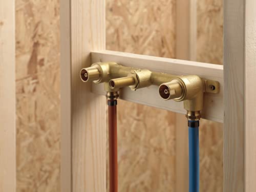 Brass wall-mount rough valve body with two handles and red and blue supply line connections.