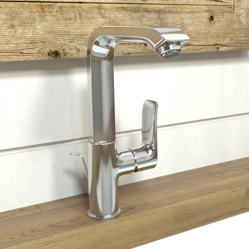 Chrome single-hole kitchen faucet with tall spout and lever handle mounted on wooden countertop.