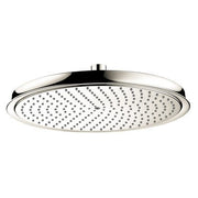 Polished nickel round shower head with spray holes in wave pattern and chrome trim ring.