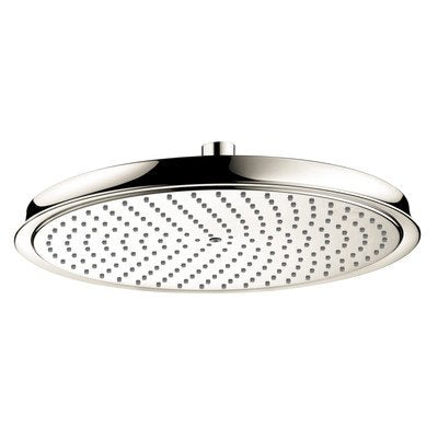 Polished nickel round shower head with spray holes in wave pattern and chrome trim ring.