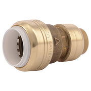 Brass push-to-connect coupling with white PVC end connector and textured grip ring.