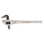 Silver aluminum pipe wrench with black grip and adjustable jaw, Milwaukee branding on handle.