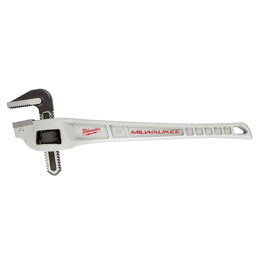 Silver aluminum pipe wrench with black grip and adjustable jaw, Milwaukee branding on handle.