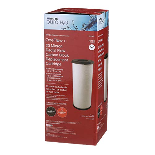 Watts water filter cartridge with white cylindrical carbon block body and black top cap in red product packaging.