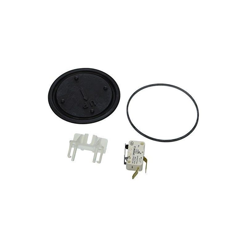 Sump pump switch repair kit containing black cover, rubber gasket, clear plastic float mechanism, and metal switch component.