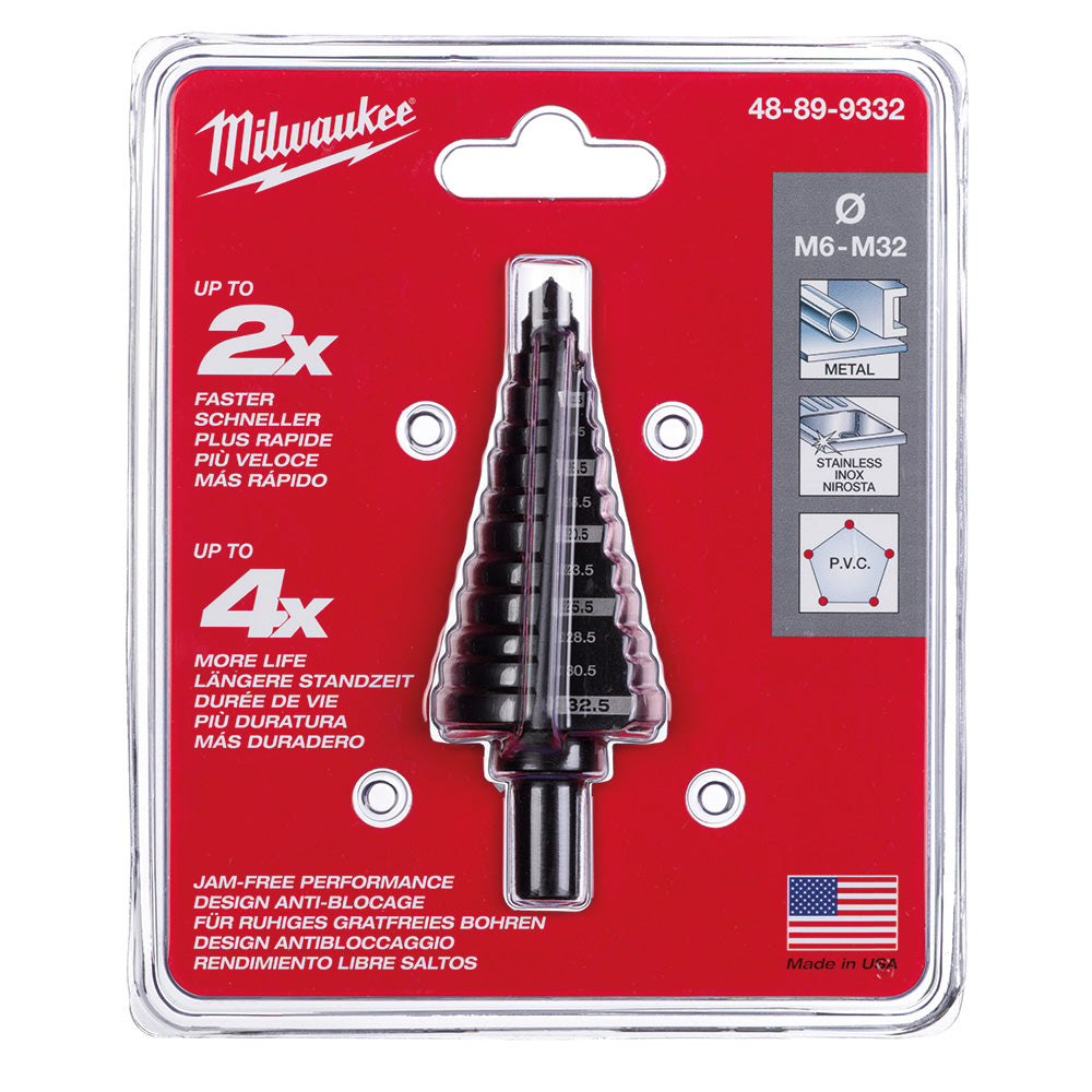 Milwaukee step drill bit M6-M32 in black packaging with red card backing and size markings visible on the bit.