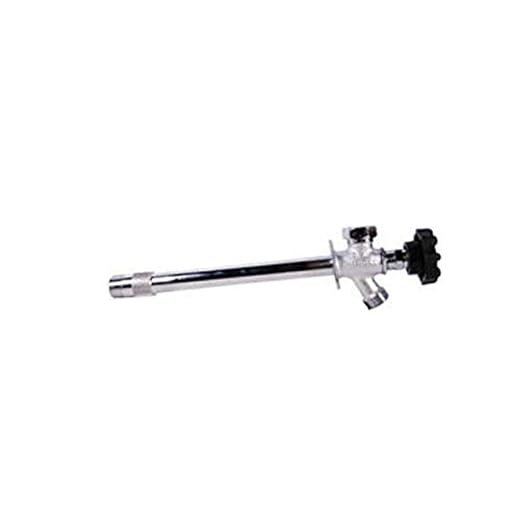Brass frost-free sillcock with 1/2 inch connection and black handle valve on extended shaft.