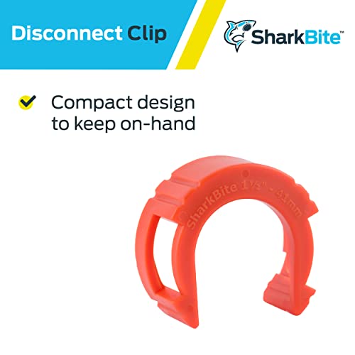 Red plastic disconnect clip with horseshoe shape and textured grip ridges for 1-1/2 inch push-to-connect fittings.