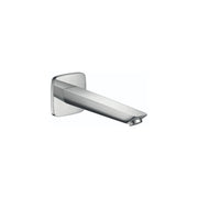 Chrome tub spout with curved tapered outlet and square wall mount plate.