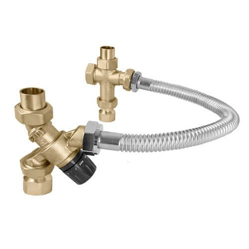 Brass thermostatic mixing valve with 3/4 inch NPT connections and attached flexible stainless steel hoses with valve handles.