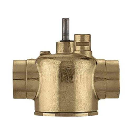 Brass 3-way valve body with 3/4" sweat connections and control stem on top.