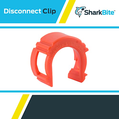 Red plastic disconnect clip with curved handles for 1-1/4 inch push-to-connect fittings.