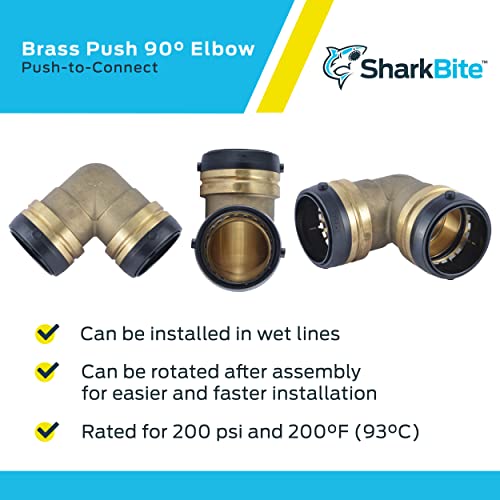 Brass 90-degree elbow push-to-connect fitting with black grip rings shown in three angles.
