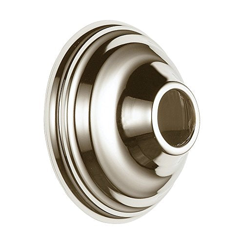 Polished nickel circular shower flange with concentric ridged rings and central opening.